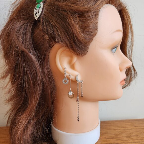 925 SILVER 3 PAIRS DELICATE DANGLE EAR RINGS WITH CZ STONES. - Picture 2 of 16